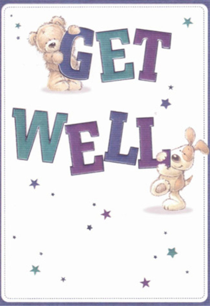 The get well card artwork presents a charming, storybook-style scene that feels as gentle as a walk through Totteridge's leafy lanes, designed to comfort someone who isn't feeling their best. At the centre, the words GET WELL appear in big, rounded, cartoon-like letters, coloured in a lively mix of deep turquoise, indigo, and purple tones that subtly blend into one another, giving the impression of depth and soft shadow. Perched over the top of the word GET is a cuddly teddy bear, its caramel-brown fur rendered with short, feathery strokes to suggest fluff and warmth. The bear's expression is tender and slightly playful, with rounded cheeks, a small nose, and bright eyes that seem to lean in with concern and encouragement. Below, a friendly puppy with floppy ears and a soft cream-and-tan coat presses close to the word WELL, one paw resting against the letters in a protective gesture, as though helping to steady the sentiment. The animals' gentle curves and huggable shapes echo the comforting presence of a thoughtfully chosen get well bouquet resting on a bedside cabinet. All around them, starbursts and simple star shapes in shades of teal, lavender, and blue scatter across a crisp white or pale cream background, like little bursts of positive energy drifting through the air above the rooftops near Totteridge Common. The background is clean and uncluttered, so the characters and message remain the clear focus, radiating warmth without feeling busy. Although there are no flowers in the illustration itself, the palette and softness evoke the same feeling as pastel blooms and lush greenery, making this card image an ideal partner to a local flower delivery bringing light and colour into a quiet recovery room.