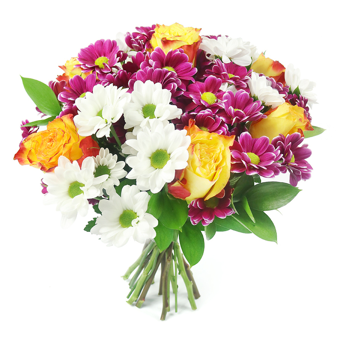 Set against a flawless white background, this hand-crafted bouquet from a Totteridge perspective showcases a vibrant mix of colours and forms in a beautifully rounded silhouette. Several generous bi-colour roses act as the focal point, their petals unfurling in layers from rich, golden yellow hearts to warm, sunset orange with just a suggestion of reddish-pink at the edges, evoking both comfort and excitement. Around them, an array of white daisy-like chrysanthemums stretches outward, each bloom finely detailed with slender petals surrounding an electric lime-green centre, which injects a sense of cool brightness and keeps the whole design feeling fresh and lively. Threaded through these whites and yellows are clusters of deep magenta and fuchsia chrysanthemums, their densely packed petals and yellow-green centres creating velvety, button-like textures that lend depth and visual rhythm, much like the seasonal changes seen in Totteridge's tree-lined streets. Dark green foliage, likely ruscus or a similar leaf, peeks out from between the blossoms, its glossy surfaces catching the light and providing a natural frame that grounds the colours. The bouquet's stems are visible at the bottom, cleanly trimmed and tightly held together in a hand-tied style, ready to slip into a glass vase on a Totteridge windowsill. The composition feels joyful, generous, and welcoming, radiating an energy that suits birthdays, anniversaries, house-warmings, or simple thank you moments. With its harmonious mix of golden roses, crisp white daisies, and jewel-toned chrysanthemums, this arrangement brings a sense of uplifting celebration to any setting across Totteridge and nearby neighbourhoods.