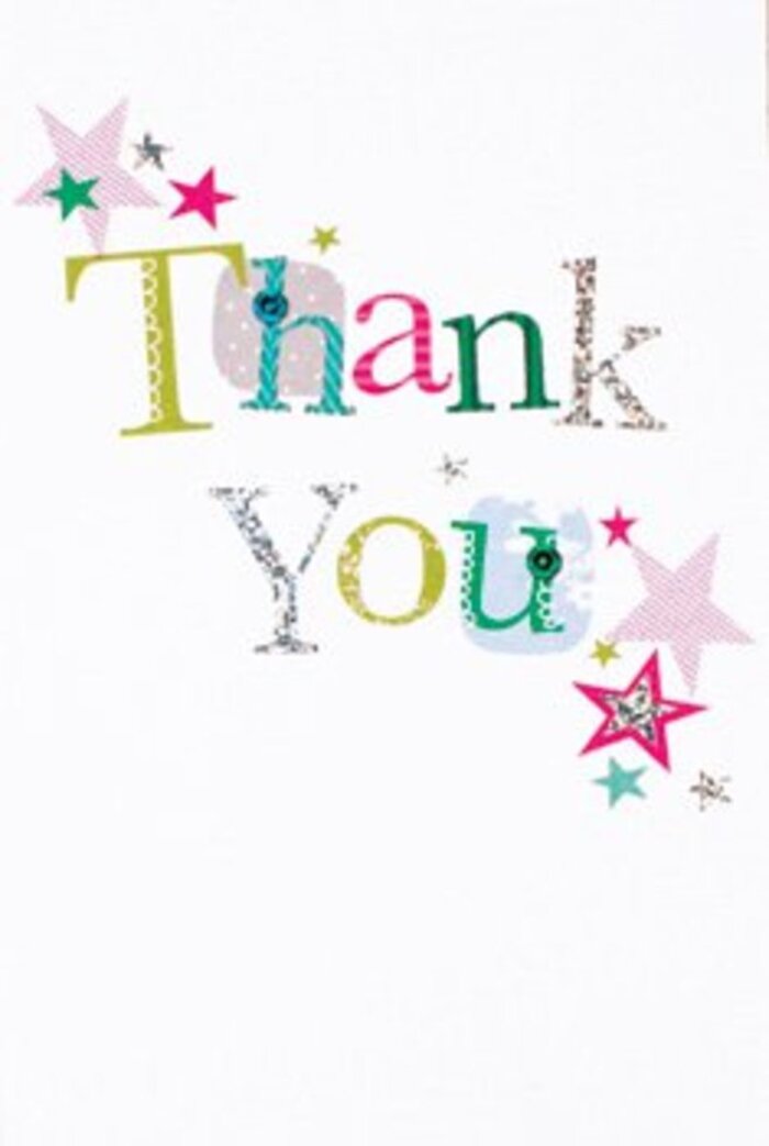 The flowing, artistic arrangement of letters on this thank you card radiates a subtle, infectious joy that feels perfectly suited to Totteridge's inviting charm. Each character brings its own personality to the greeting-some twinkling with dotted patterns or lively curves, others graced by graceful, almost musical sweeps. The stars around the central words sparkle and cluster: magenta stripes glisten here, turquoise brilliance and hints of silver there, like confetti floating down Poynings Way after a garden wedding or local fête. The setting remains clean and open, thanks to a pristine white background that lets the card's vibrant features truly shine. What I find most inviting, particularly as a Totteridge florist, is the universal warmth in this design-it manages to be sophisticated without feeling formal, gentle yet deeply expressive. The overall mood is uplifting, like the arrival of fresh-cut flowers from a local Totteridge florist, expressing gratitude that lingers and brightens the day. It's precisely the sort of card that would accompany a bouquet meant to celebrate neighbours, friends, or colleagues-a token of abundant thanks, wrapped in artistry and a touch of North London elegance.