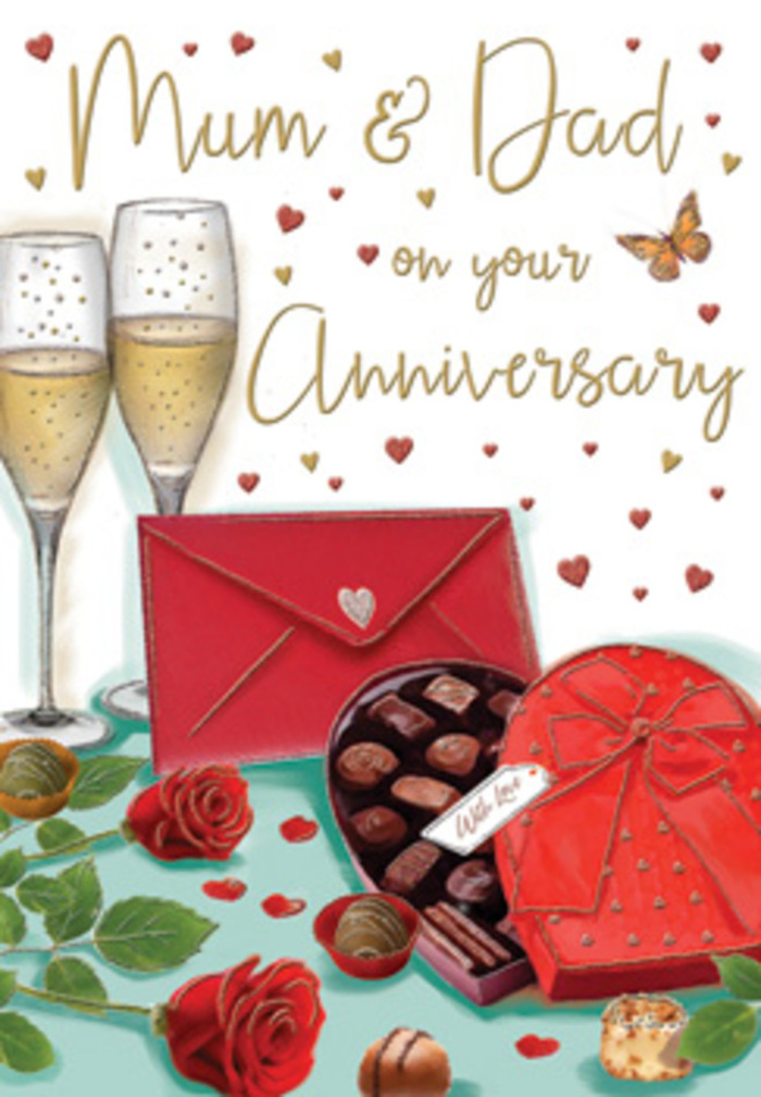 Luxuriously detailed anniversary card illustration that feels as if it could have been inspired by a family celebration in Totteridge. At the back of the scene stand two tall champagne flutes, their slim shapes outlined by a soft, warm glow. The champagne inside is a pale golden hue, catching the light so that the rising bubbles look almost like tiny stars, ready to be shared in a toast between devoted parents. In front, a deep red heart-shaped chocolate box takes centre stage, its lid slightly raised to reveal carefully arranged chocolates, each nestled in its own little compartment. The lid is finished with an extravagant red satin bow that loops and curls, reminiscent of the decorative touches we add to special anniversary orders at Flowers Totteridge. To the side, two classic red roses spill gracefully onto the tabletop, their petals velvety and full, showing subtle gradients from deep ruby at the centre to softer red at the edges. Fresh green leaves surround them, echoing the natural greenery seen in the gardens along Totteridge Village. A scattering of loose chocolates and tiny hearts, coloured in shimmering gold and rich crimson, float across the image, adding a sense of movement and festivity. A scarlet envelope rests in the foreground, sealed and poised as though it contains a heartfelt message for Mum & Dad, perhaps written after a stroll through nearby Totteridge fields. The background is softly blurred with warm tones, evoking the intimacy of candlelight and the gentle hum of family conversation. The entire composition feels like a visual love letter, celebrating shared history, quiet devotion, and the comforting sweetness of home in Totteridge.