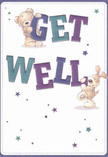 A whimsical get well card illustration shows a soft, honey-brown teddy bear and a floppy-eared puppy teaming up to deliver a cheerful Get Well message, the way a caring Totteridge florist might pair blooms to lift someone's spirits. The bear leans over the rounded, bubble-like letters of the word GET, paws wrapped around the top as if hugging the message itself. Just below, the playful puppy balances against the bold WELL, its velvety ears drooping in an endearing curve, muzzle nudging the letters as though encouraging the viewer to feel better soon. The typography is large, friendly, and shaded in rich indigo, deep purple, and teal tones, giving the words a lively, almost three-dimensional feel that pops against a clean cream or crisp white background. Scattered across the card are starbursts and tiny stars in shades of aqua, violet, and soft blue, like hopeful sparks drifting through a clear evening sky over Totteridge Green. The characters' fur is illustrated with gentle strokes that suggest fluff and warmth, inviting the imagination to reach out and cuddle them for comfort. There are no flowers drawn, yet the mood is similar to receiving a thoughtfully arranged get well bouquet from a local shop: light, soothing, and full of genuine kindness. The overall composition is airy and uncluttered, with plenty of breathing space around the central scene, allowing the sweet expressions on the bear and puppy to take centre stage. This is a card image that seems perfect to accompany a bedside bouquet for someone resting at home near Totteridge Lane, offering a quiet promise that brighter, healthier days are on their way.