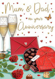 Warm and romantic anniversary card scene illustrated in rich reds and golds, evoking the feeling of an intimate celebration for parents in Totteridge. Two champagne flutes rise side by side at the back of the image, filled with golden, effervescent champagne. Their slender stems and shining rims catch the light, like reflections in a cosy Totteridge dining room on a special evening. In the foreground sits a heart-shaped chocolate box in a deep, romantic red, its lidfolded back to reveal an array of carefully placed chocolates, each one rounded, glossy, and inviting. A wide satin bow, tied in dramatic loops, adorns the lid, suggesting a thoughtfully prepared gift. Lying close by are two sumptuous red roses, their petals plush and layered, surrounded by glossy green foliage that calls to mind the fresh, hand-picked stems a local florist would select for anniversary deliveries across Totteridge and nearby Oakleigh Park. A scattering of individual chocolates and tiny red and gold hearts drifts across the card, giving a sense of playfulness and movement. A bright scarlet envelope, angled just so, hints at an intimate note addressed simply to Mum & Dad, full of gratitude and love. The entire scene is bathed in soft, golden light, creating subtle highlights on glass, petals, and ribbon, and conjuring the atmosphere of a quiet celebration at home after a walk along Totteridge Green. This illustration captures not just the visual details-roses, chocolates, and champagne-but the deeper feeling of an anniversary well spent: shared sweetness, enduring affection, and the comfort of being together.